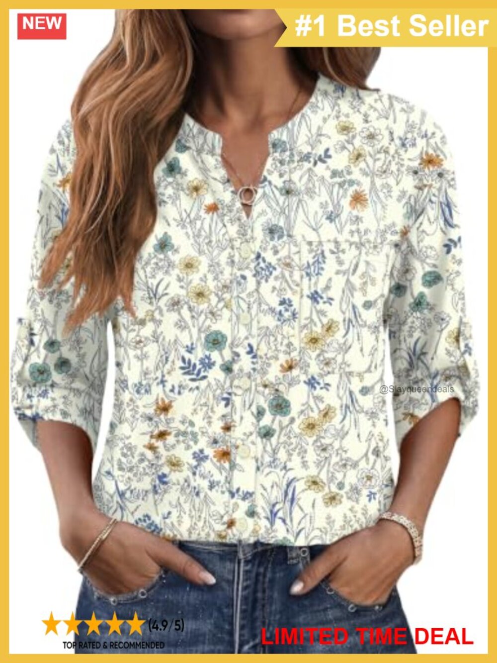 Women's Button Down Shirt 3/4 Sleeve V-Neck Casual Work Blouse